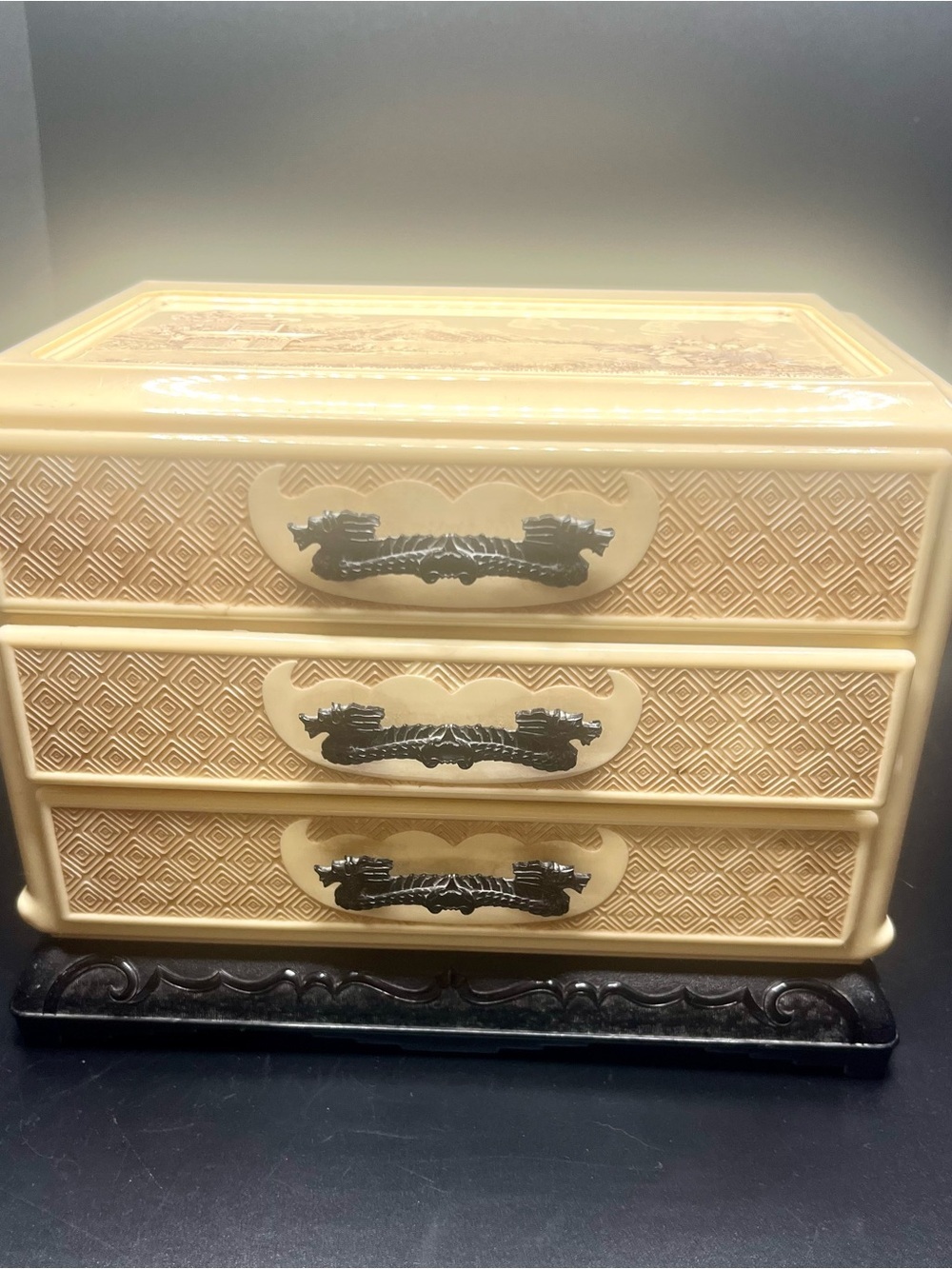 Vintage 1950s Celluloid Jewelry Box Asian Scenic 3 Drawer Vanity Trinket Chest.